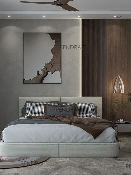 An earthy, rustic bedroom designed for a teenager. The design is minimal, using a mix of concrete-finish textures and wood paneling to create a cool, understated vibe.