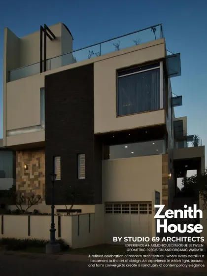 Zenith House. A refined celebration of modern architecture, this facade is a harmonious dialogue between geometric precision and organic warmth, with every detail a testament to the art of design.