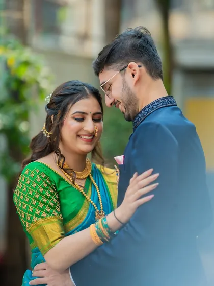 A tender and romantic close-up of Ameya and Gautami. The soft lighting and their gentle expressions make this a truly beautiful portrait.