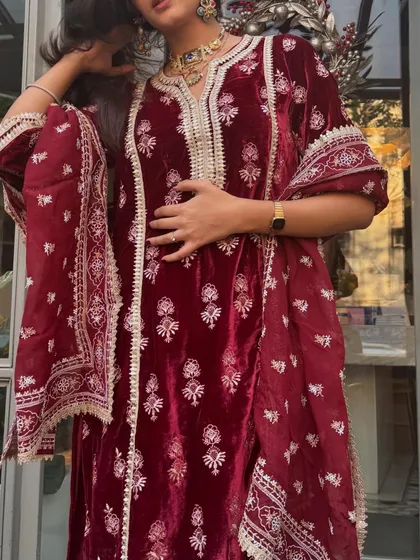 A close up of the beautiful embroidery on my maroon velvet kurta set. The detail and craftsmanship are what make these pieces so special.