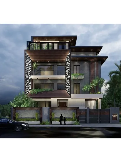 A perspective of the 'Meraki' residence, highlighting the perforated 'jaali' screen that provides privacy while creating beautiful light patterns. The design balances solid and void, integrating planters and balconies on every level.