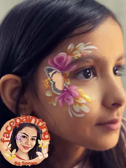 This warm-toned floral and butterfly design uses shades of pink and yellow. It’s like a little burst of sunshine on a happy face.