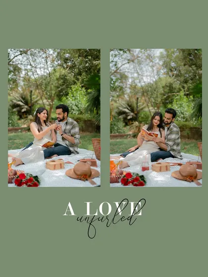 An artistic diptych from a picnic session, with a romantic "A Love Unfurled" text overlay.