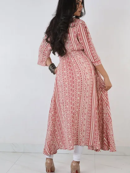 We also capture back-view shots to provide a 360-degree perspective of the apparel. This image highlights the pattern continuity and fit on the back of the dress, completing the set of essential photos for a comprehensive product page.