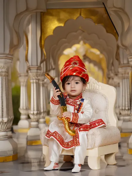 Celebrating our heritage with a Chhatrapati Shivaji Maharaj themed photoshoot. I provide the complete traditional attire and props to create a powerful and respectful portrait for your little one.