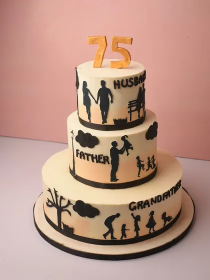 This three-tiered 'story of life' cake was created to celebrate a 75th birthday. Each tier uses hand-painted silhouettes to depict the journey from husband to father and grandfather, making it a deeply personal and emotional centerpiece.