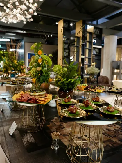 A wide shot of our food spread at the Casa Mia interior design store, where our food became part of the visual story.