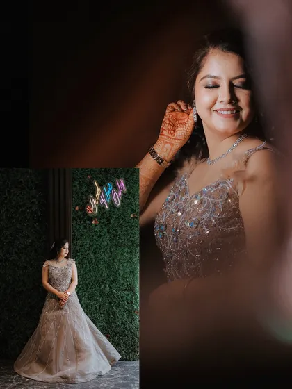 A creative collage showing both a full-length view of the bride's stunning gown and a close-up of her happy, candid expression.