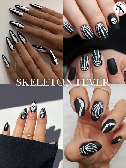 Skeleton fever! This collage is all about skeleton-themed nail art, from full skeleton hands to subtle skull accents on a matte black base.