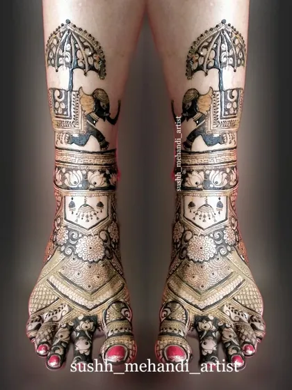 Bridal mehandi for the feet is just as important. I love creating grand designs with traditional motifs like royal elephants and umbrellas, ensuring your complete bridal look is perfect from head to toe.