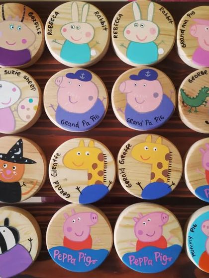 An array of our hand-painted Peppa Pig memory game tiles. We know all the characters by heart, and we love painting them for your little ones.