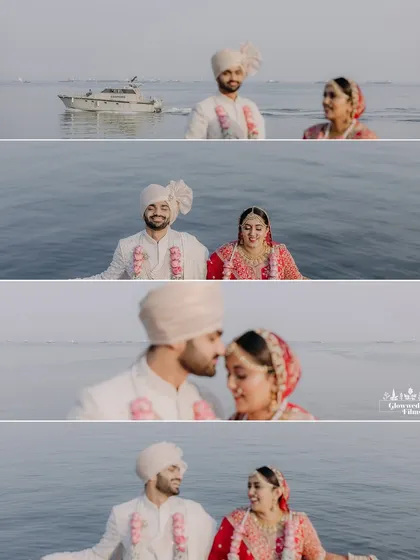 A collage of the couple on a boat, capturing their smiles and intimate moments with the Mumbai sea as their witness.