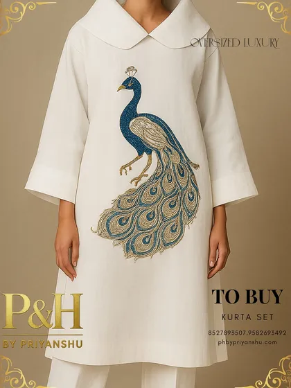A close-up of the white kurta, providing a detailed look at the stunning blue and gold hand-embroidery of the peacock, a true centerpiece of the garment.