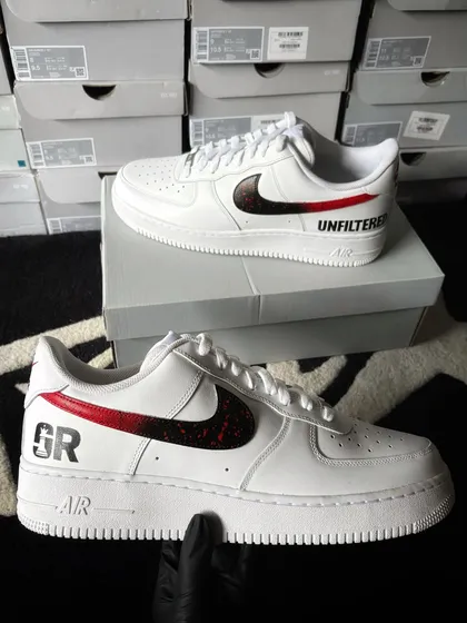 Another angle of the Samay Raina custom sneakers, showing his initials "SR."