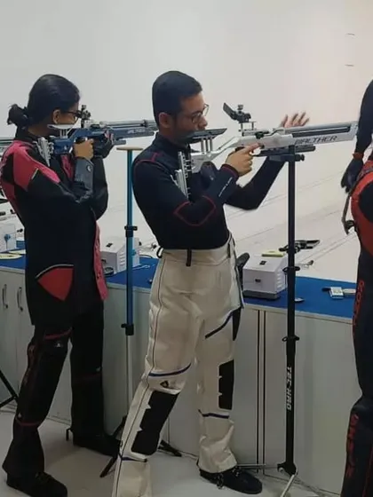 A line of our rifle shooters during a training session at the Delhi branch, each focused on their own target.