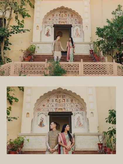A collage of the couple posing against the heritage architecture of a palace. These daytime shots capture their relaxed chemistry and the sun-kissed beauty of the venue.