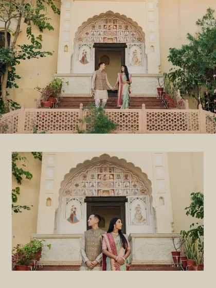 A two-photo collage capturing the couple in front of an ornate archway, showing both a formal pose and a candid, looking-away shot.