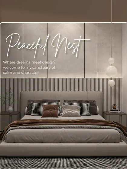 A peaceful nest. This bedroom uses a calm, neutral color palette, clean lines, and soft, ambient lighting to create a sanctuary of calm and character. The hanging pendant lights add a modern, asymmetrical touch.