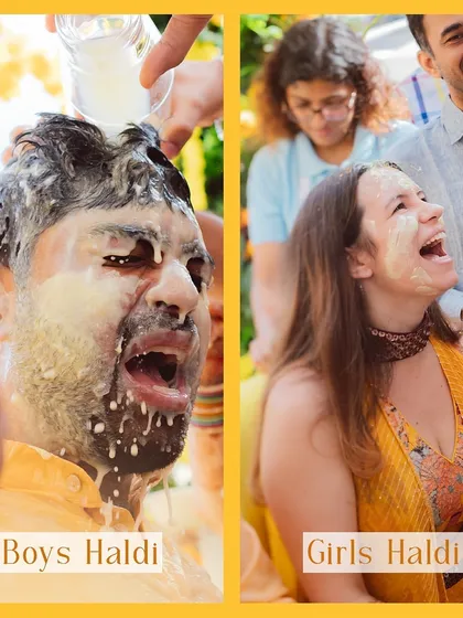 A collage showing the contrast between the bride's serene haldi and the groom's chaotic one. It’s all fair in love and war!