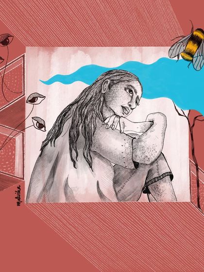 Sometimes daydreams feel more real than reality. This surreal portrait shows a pensive figure with a river of blue flowing from her mind, surrounded by watchful eyes and a buzzing bee, representing the vividness of our inner world.