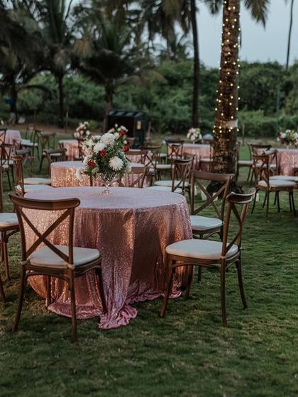 Another view of the elegant outdoor seating arrangement for the Goa wedding reception.