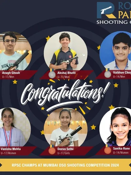Our champions from the Mumbai DSO Shooting Competition 2024. We are incredibly proud of these young talents who secured gold, silver, and bronze medals in the 10m Air Pistol event, representing different age categories.