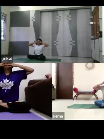 Participants practicing Bhramari Pranayama (Humming Bee Breath) together in an online class. This powerful technique helps to instantly calm the mind and relieve anxiety, creating a soothing vibration.