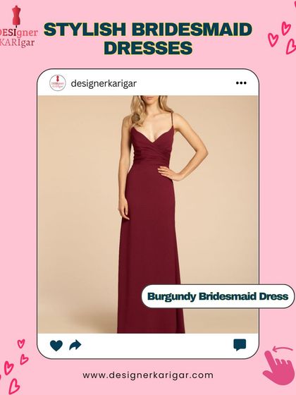 A classic choice for a bridesmaid dress, this simple yet elegant burgundy gown features a V-neck and a flowing A-line skirt. I can create this style in any color to match your wedding theme.