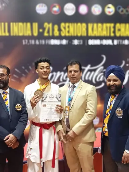 Rajat Kashyap with his medal at the All India U-21 & Senior Karate Championship, marking a hat-trick of gold medals in nationals.