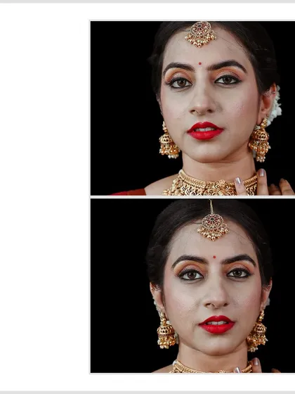 A close-up headshot of the bride-to-be against a clean black background, highlighting her flawless makeup and traditional jewelry.