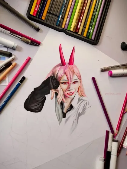 A finished portrait of Power from Chainsaw Man, created using a mix of alcohol markers and colored pencils. This piece shows how we can apply realistic techniques to anime and fan art.