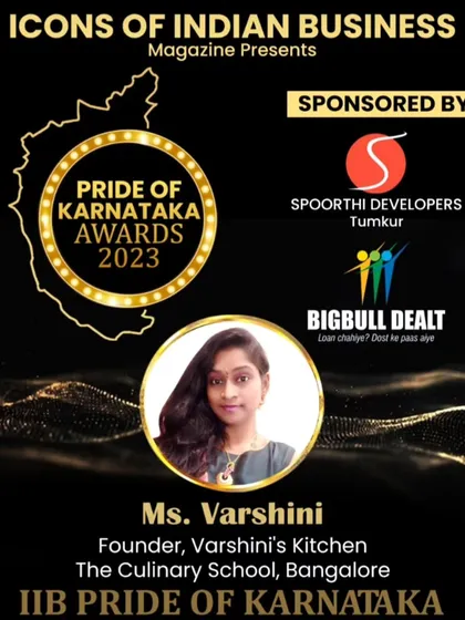 The official announcement for the Pride of Karnataka Awards 2023, recognizing me as the founder of Varshini's Kitchen. It is an honor to be counted among the icons of Indian business.