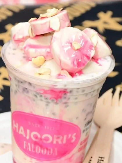 A close up of the delicious and refreshing Falooda from our partner, Hajoori's. It is loaded with goodies and is a perfect end to your meal.