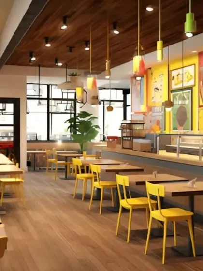 For this quick-service restaurant, we created a bright and energetic ambiance that reflects the brand's fresh identity. The design uses a bold color scheme with yellow and red, varied seating options including booths, and custom lighting to craft a welcoming and lively dining experience.