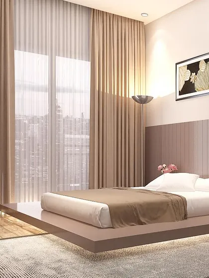 Your bedroom should be a sanctuary. Here, a floating bed design creates a sense of lightness and tranquility. I combined subtle tones and soft lighting to craft a space that feels like a gentle hug at the end of a long day.
