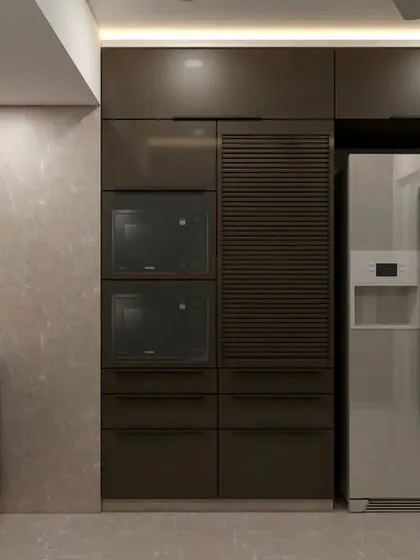 This render details the appliance wall, with integrated ovens, a fluted panel detail, and a dedicated space for a side-by-side refrigerator. This is how I ensure every inch of your kitchen is planned.