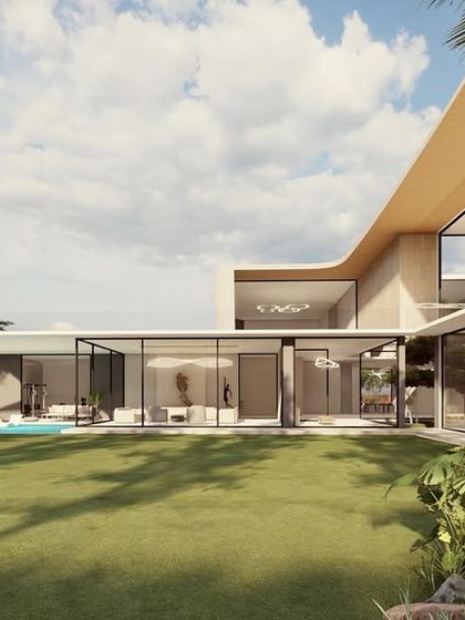 This fluid, single-story residence concept features vast glass walls that open onto an expansive lawn. The design prioritizes an uninterrupted connection with the outdoors, creating a light, airy, and tranquil living environment.