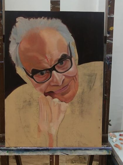 The portrait is almost complete, but I'm still refining the skin tones and the subtle details in the hand and clothing before adding the final touches.