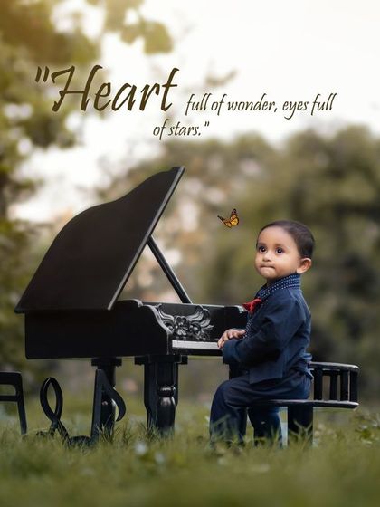Heart full of wonder, eyes full of stars. A butterfly visits a little pianist during a magical outdoor photoshoot.