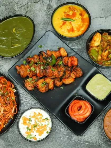 Here is a spread showing the variety of dishes I can prepare. This includes starters like paneer tikka, mains like palak paneer and kadai vegetables, and even noodles for a change of pace.