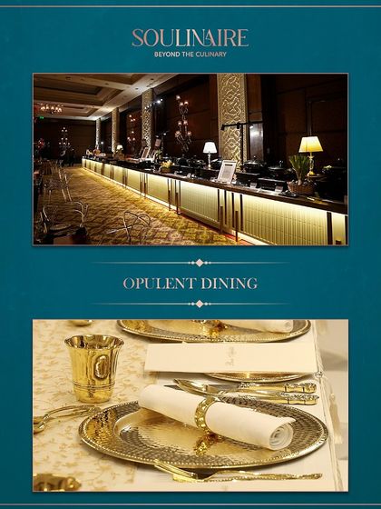 A collage of opulent dining, featuring long, elegantly lit buffet counters and close-ups of our luxurious gold tableware.
