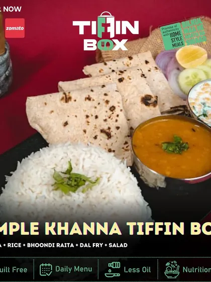 Our Simple Khanna Tiffin Box is the definition of comfort food. It contains Dal Fry, Bhoondi Raita, rice, salad, and 3 phulkas, making it a perfect everyday meal.