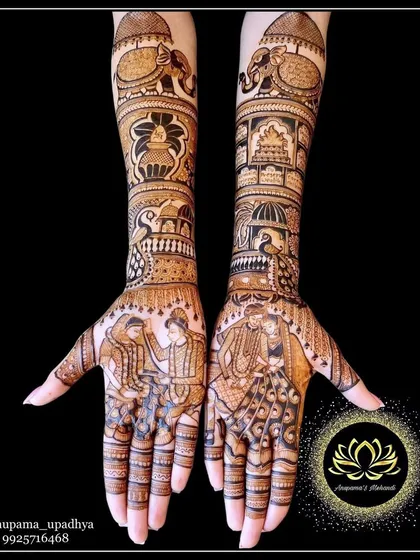 A complete bridal mehandi that balances tradition with personal storytelling. Notice the combination of classic motifs like elephants and peacocks with unique figures representing the bride and groom, creating a design that is both timeless and deeply personal.