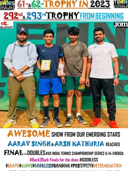 An awesome show from our emerging stars Aarav Singh & Arsh Kathuria, reaching the final in the Doubles U-14 All India Tennis Championship Series.