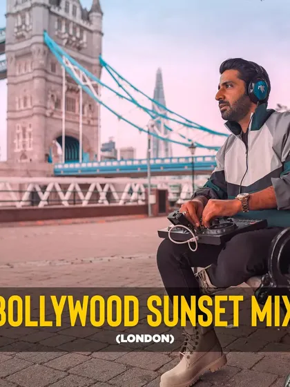 The official cover for my Bollywood Sunset Mix (London) Edition. This image captures the vibe of the set, with me mixing on a bench against the iconic backdrop of the Tower Bridge.