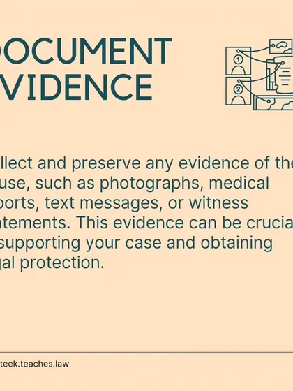 Documenting abuse is crucial for legal action. I advise on how to collect and preserve evidence like photos, messages, and medical reports to build a strong case.