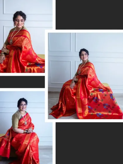 A collection of shots featuring a brilliant red Paithani. The consistent, simple background in these studio portraits ensures the focus remains entirely on the product's beauty and craftsmanship.