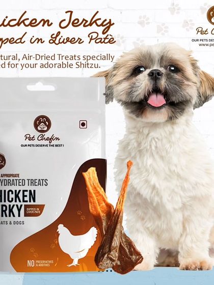 Treat your Shih Tzu to the finer things in life. Our air-dried chicken jerky dipped in liver patè is a gourmet snack crafted especially for them.