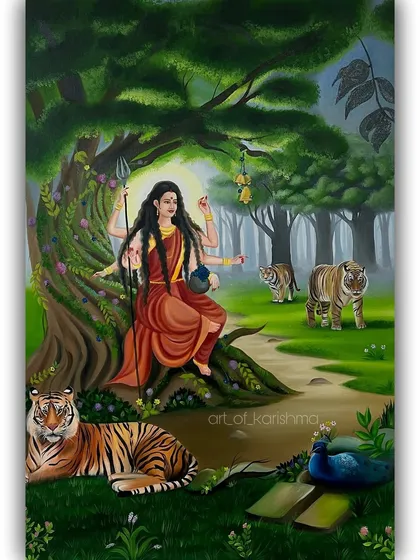 The final version of a large 24 by 36-inch oil painting of Goddess Durga in a forest setting.