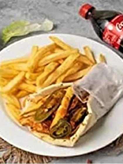For a complete meal, you can't go wrong with my shawarma combo. It includes a juicy roll packed with chicken and jalapeños, a side of crispy fries, and a cold drink.